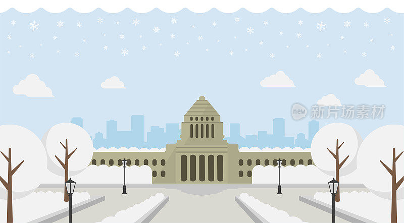 日本国会建筑矢量横幅插图/冬季